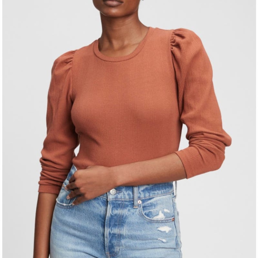 GAP Saddle Brown Ribbed Puff Sleeve Stretch Cotton Bodysuit